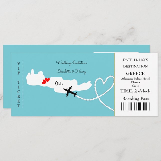 Ticket Boarding Pass Wedding Destination Crete Invitation (Front/Back)