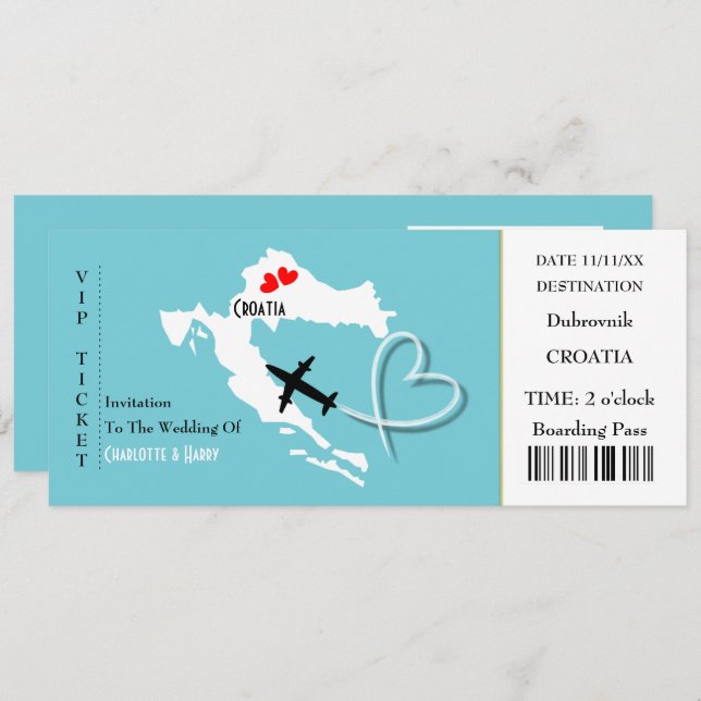 Ticket Boarding Pass Wedding Destination Croatia Invitation (Front/Back)
