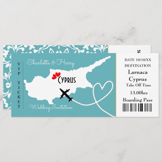 Ticket Boarding Pass Wedding Destination Cyprus Invitation (Front/Back)