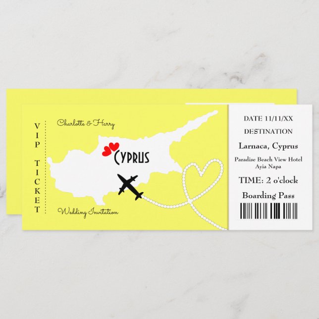 Ticket Boarding Pass Wedding Destination Cyprus Invitation (Front/Back)