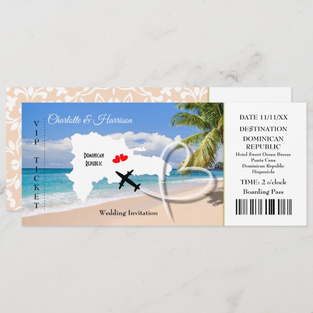 Ticket Boarding Pass Wedding Destination Dominican Invitation (Front/Back)