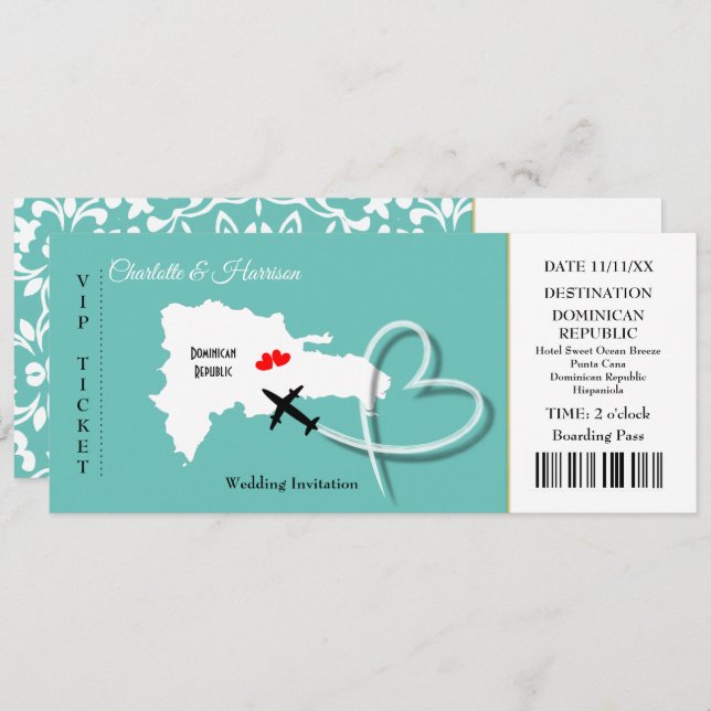 Ticket Boarding Pass Wedding Destination Dominican Invitation (Front/Back)