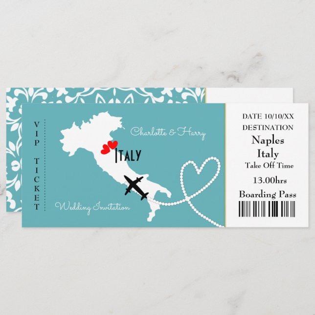 Ticket Boarding Pass Wedding Destination Italy Invitation (Front/Back)