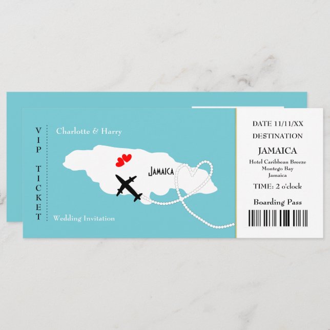 Ticket Boarding Pass Wedding Destination Jamaica Invitation (Front/Back)