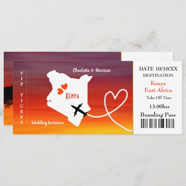Ticket Boarding Pass Wedding Destination Kenya Invitation (Front/Back)