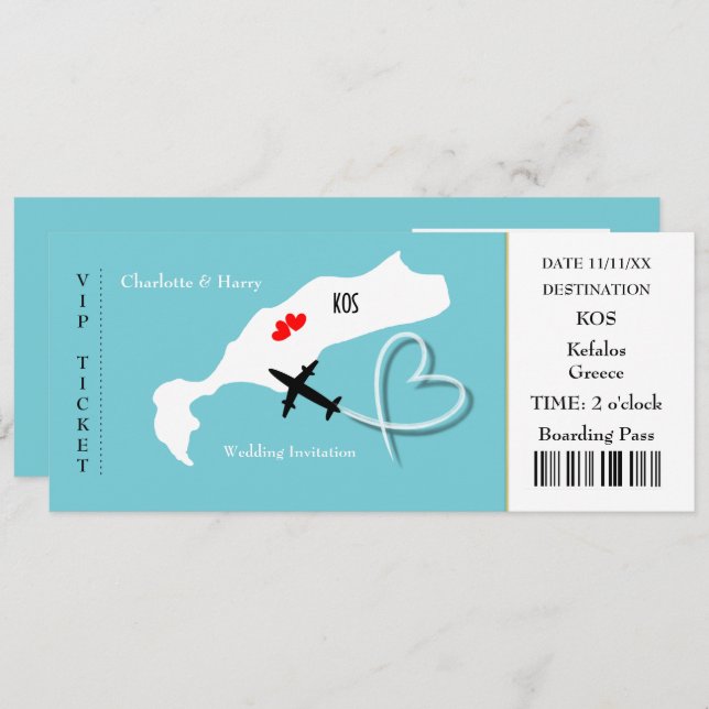 Ticket Boarding Pass Wedding Destination Kos Invitation (Front/Back)