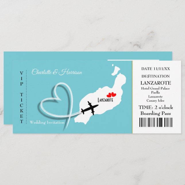 Ticket Boarding Pass Wedding Destination Lanzarote Invitation (Front/Back)