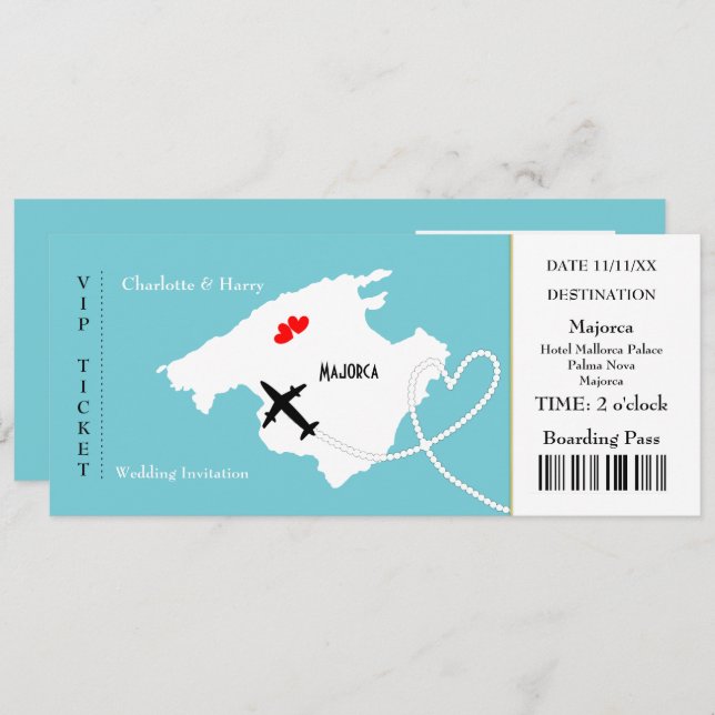 Ticket Boarding Pass Wedding Destination Majorca Invitation (Front/Back)