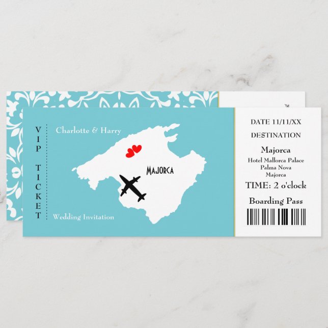 Ticket Boarding Pass Wedding Destination Majorca Invitation (Front/Back)