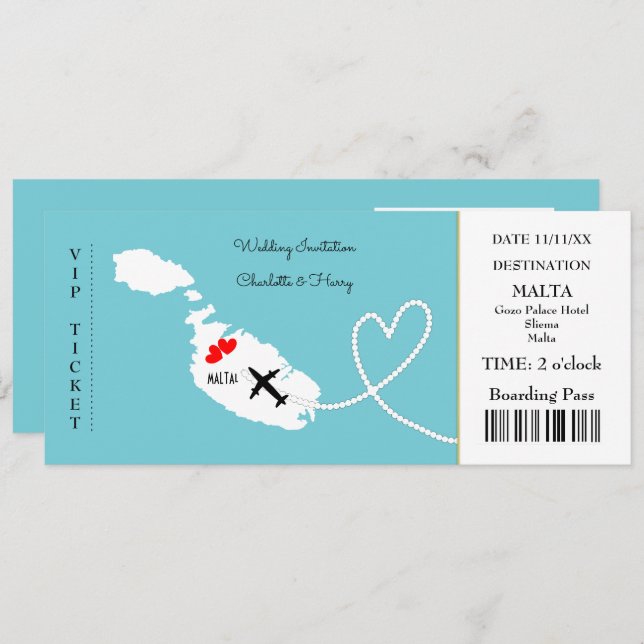 Ticket Boarding Pass Wedding Destination Malta Invitation (Front/Back)