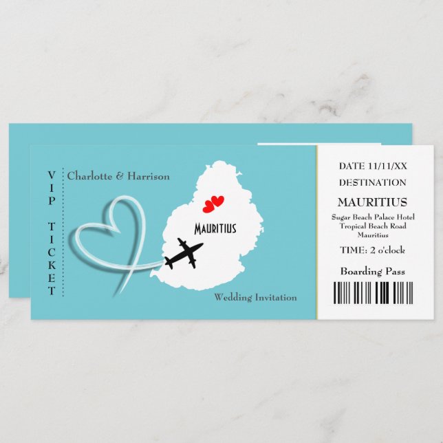Ticket Boarding Pass Wedding Destination Mauritius Invitation (Front/Back)