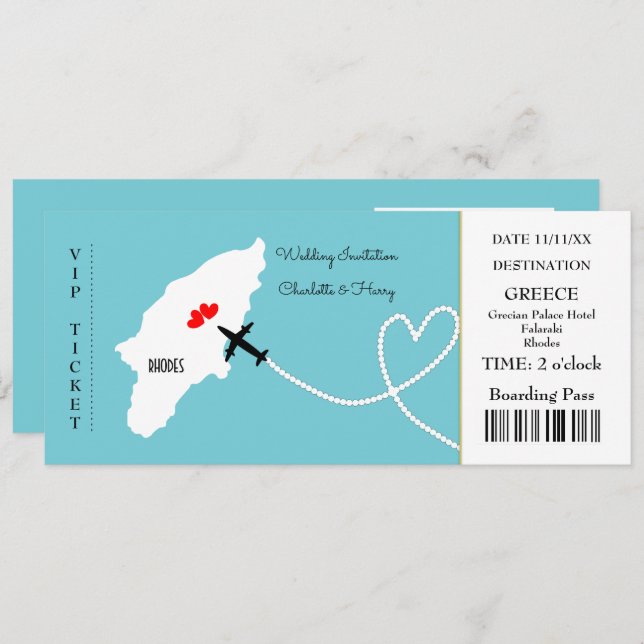 Ticket Boarding Pass Wedding Destination Rhodes Invitation (Front/Back)