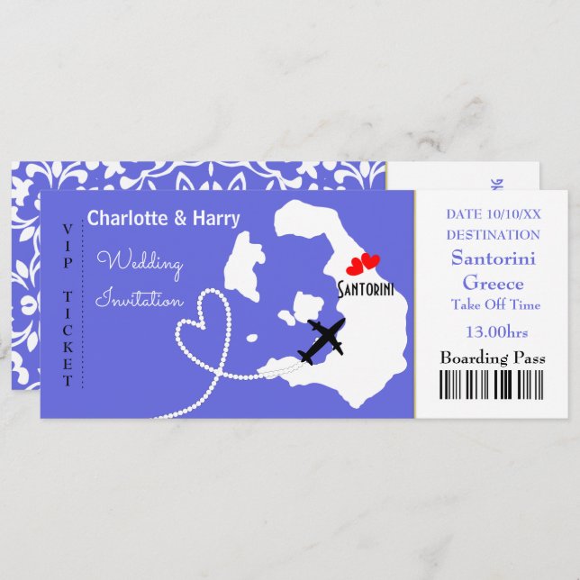 Ticket Boarding Pass Wedding Destination Santorini Invitation (Front/Back)