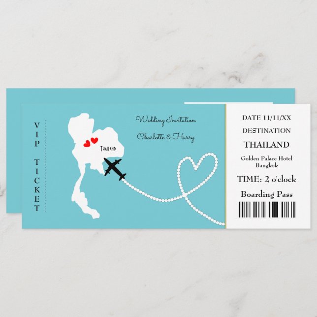 Ticket Boarding Pass Wedding Destination Thailand Invitation (Front/Back)