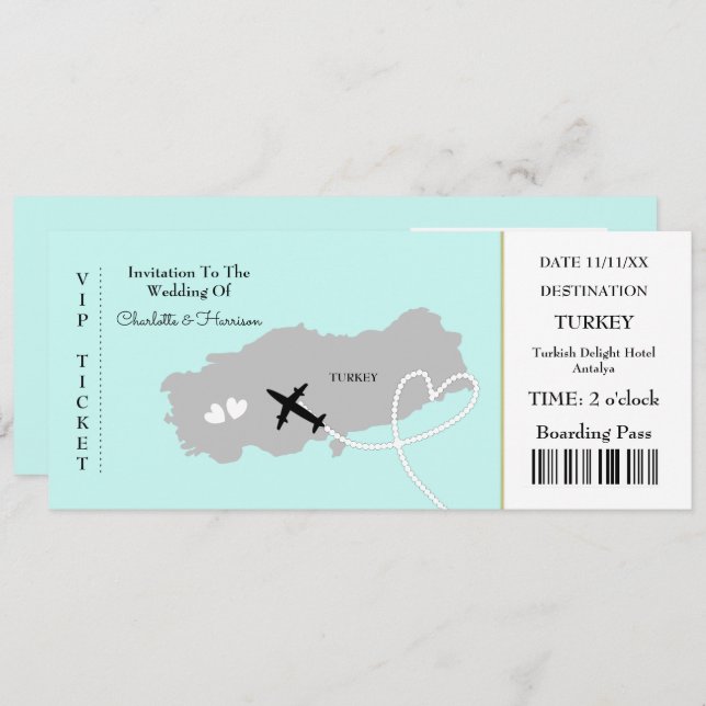 Ticket Boarding Pass Wedding Destination Turkey Invitation (Front/Back)