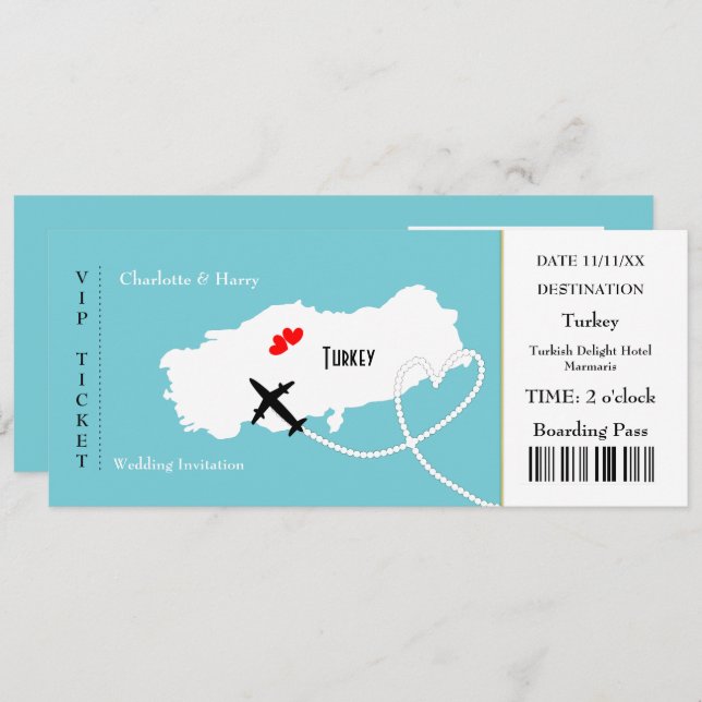 Ticket Boarding Pass Wedding Destination Turkey Invitation (Front/Back)