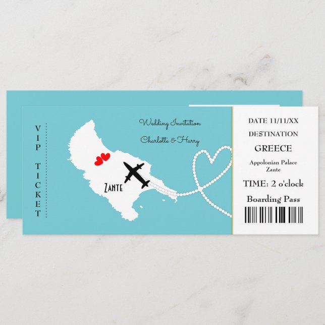 Ticket Boarding Pass Wedding Destination Zante Invitation (Front/Back)