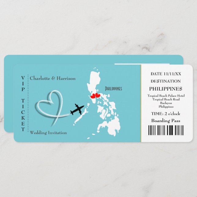 Ticket Boarding Pass Wedding  Philippines Photo Invitation (Front/Back)