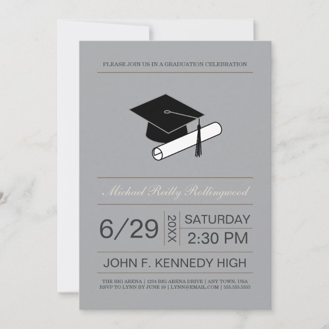 Ticket Cap & Diploma Graduation Invite: Silver Invitation (Front)