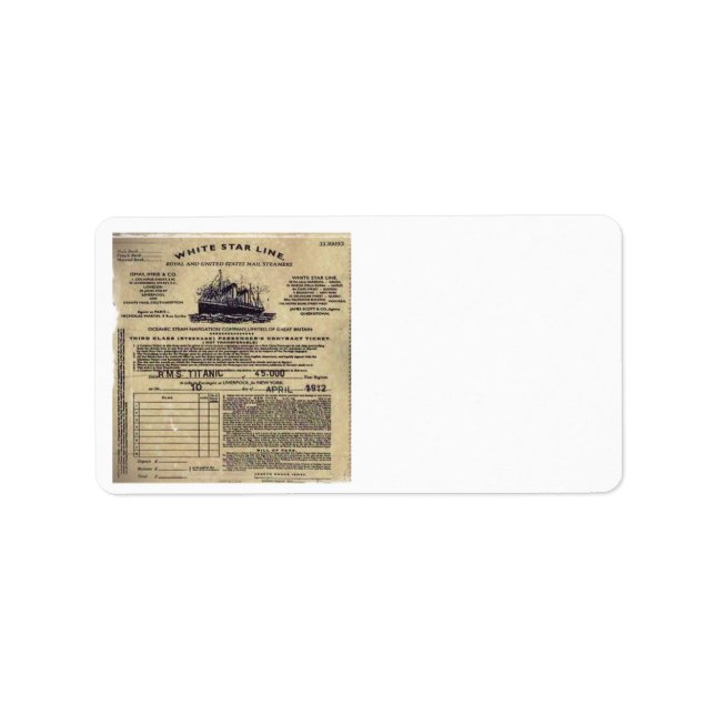 Ticket for RMS Titanic 1912 Label (Front)