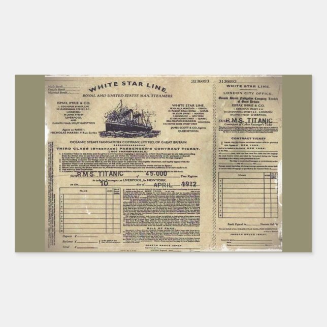 Ticket for RMS Titanic 1912 Rectangular Sticker (Front)