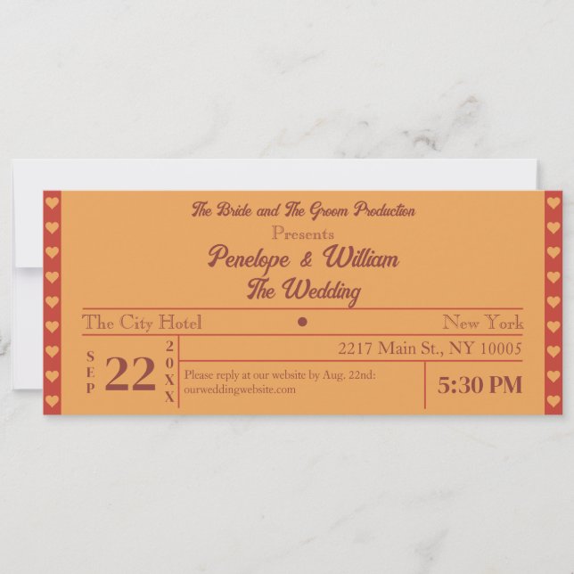Ticket Simple Retro Style Orange Wedding Invitation (Front)