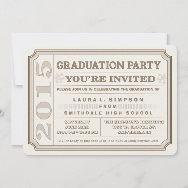 Ticket Style 2015 Brown Graduation Party Invite (Front)