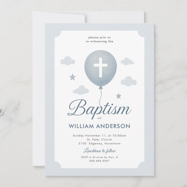 Ticket Style Baptism Invitation in Blue (Front)
