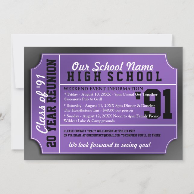 Ticket Style Black/Purple Class Reunion Invitation (Front)
