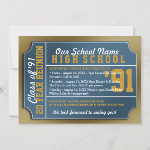 Ticket Style Blue/Gold Class Reunion Invitation