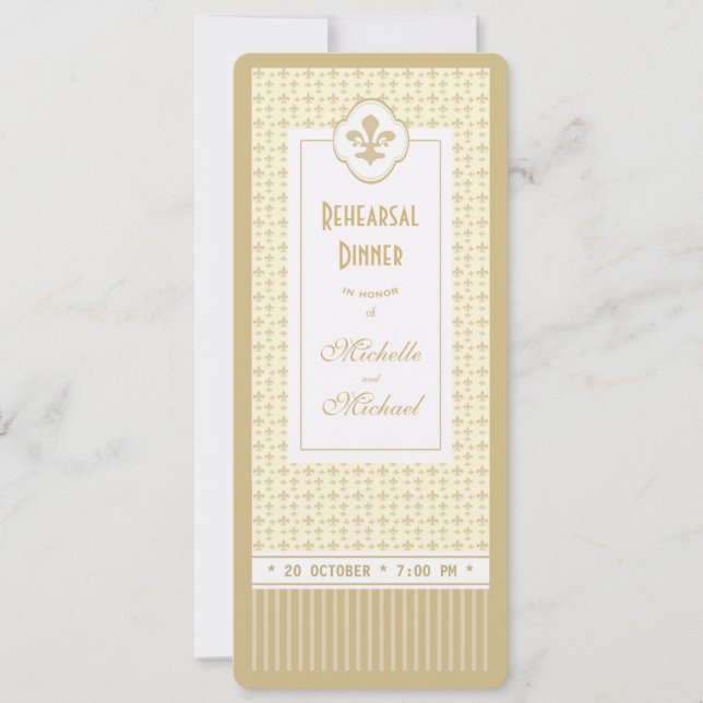 Ticket Style Gold Fleur de Lis Rehearsal Dinner Invitation (Front)