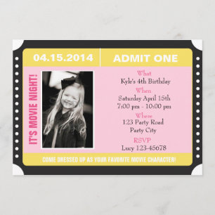 Ticket Style Invitation with Photo - Yellow Pink