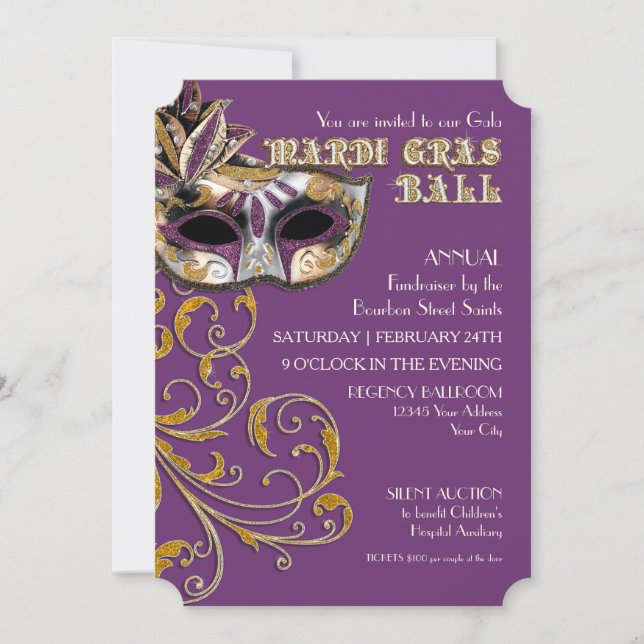 Ticket Style Mardi Gras Ball Gala Party Fundraiser Invitation (Front)