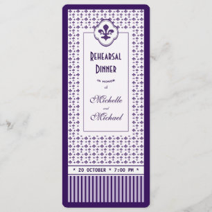 Ticket Style Purple Fleur de Lis Rehearsal Dinner Invitation