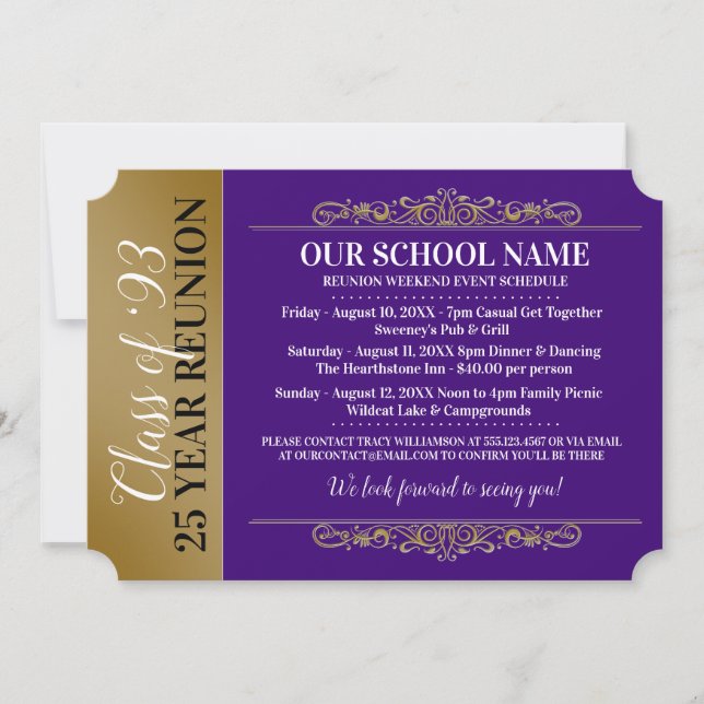Ticket Style Purple/Gold Class Reunion Invitation (Front)