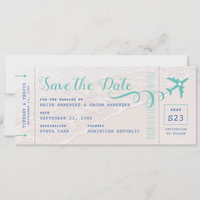 Ticket to the Beach Boarding Pass Save the Date Announcement (Front)