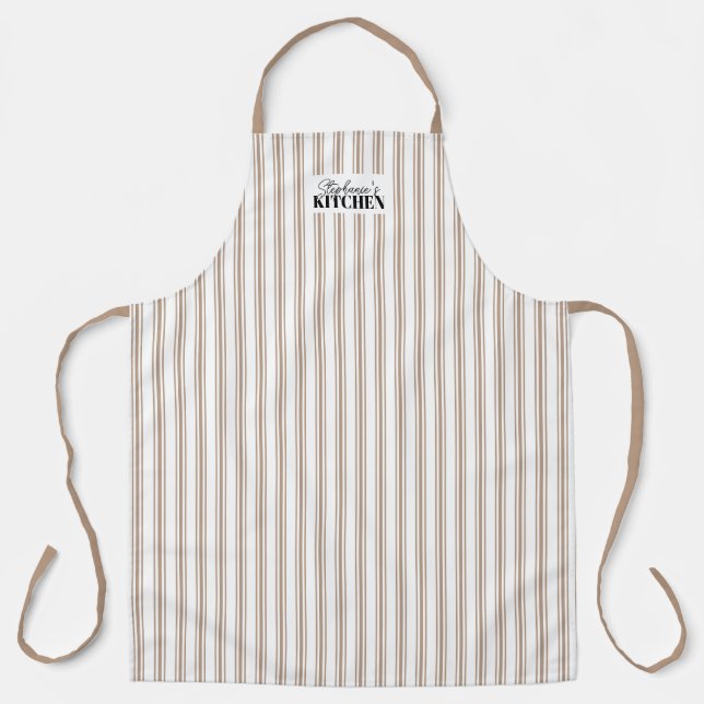 Ticking Stripe Vintage Farmhouse Mushroom Brown Apron (Front)