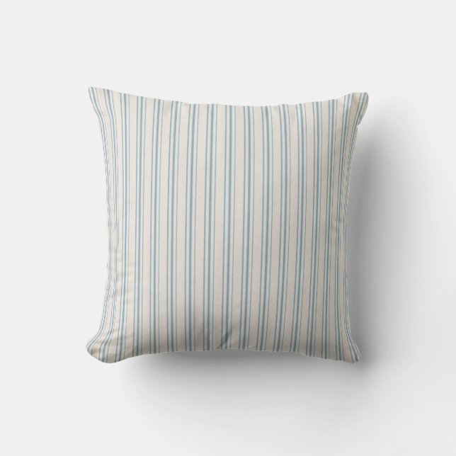 Ticking Stripes Denim Blue Farmhouse Throw Cushion (Front)
