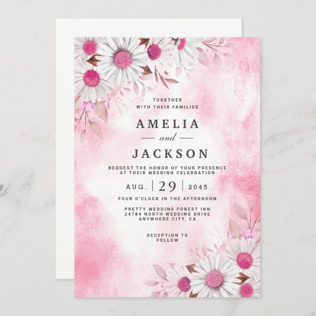 Tickle Me Pink Daisy Florals Invitation (Front/Back)