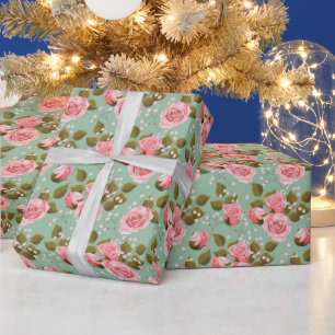 TICKLED BABY PINK ROSES ON KEPPEL BACKGROUND WRAPPING PAPER