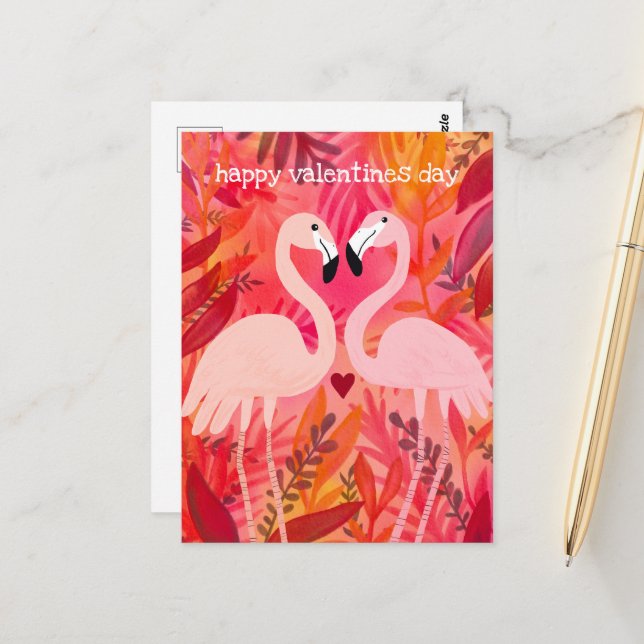 TICKLED PINK Flamingos Valentine Whimsical Cute  Postcard (Front/Back In Situ)