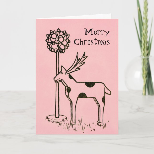 Tickled Pink Reindeer ~ Vintage Christmas Holiday Card (Front)
