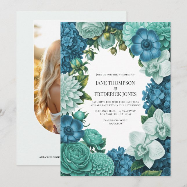 Tidal Blue, Seafoam Drift & Cloud Mint Wedding Invitation (Front/Back)