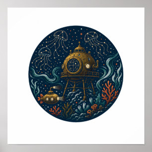 Tidal Observatory Deep Sea Submarine & Jellyfish P Poster
