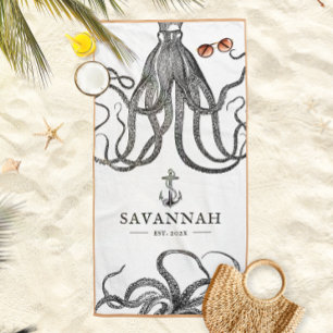 Tides Tentacles   Octopus Themed Custom Name Beach Towel