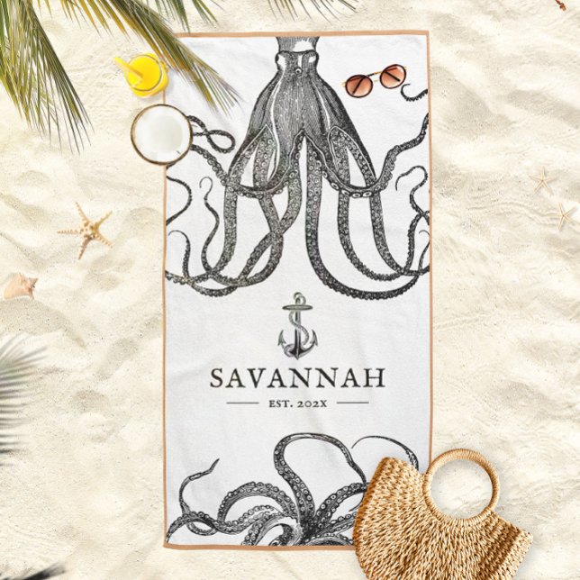 Tides Tentacles | Octopus Themed Custom Name Beach Towel (Creator Uploaded)