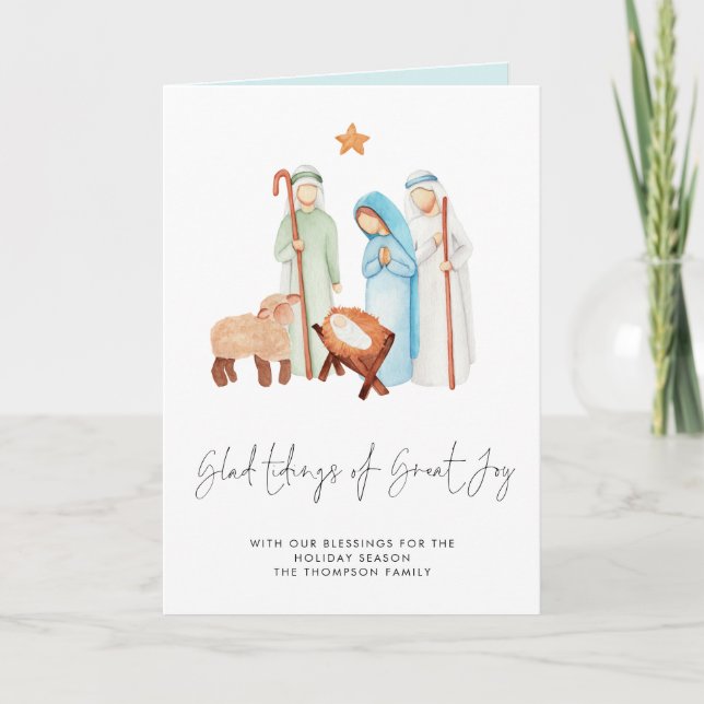 Tidings Great Joy Nativity Folded Christmas  Holiday Card (Front)