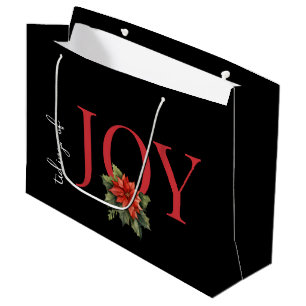 TIDINGS OF JOY RED CHRISTMAS POINSETTIA on BLACK, Large Gift Bag