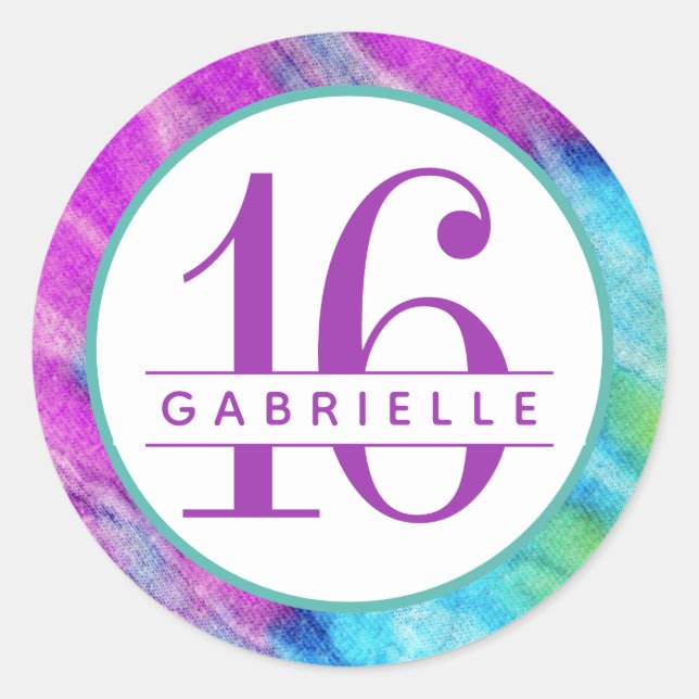 Tie Dye 16th Birthday Personalised Purple Birthday Classic Round Sticker (Front)