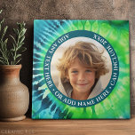Tie Dye - 1 Photo - Custom Text - Green Blue Ceramic Tile<br><div class="desc">A single photo with a colourful background and border. Add a name and year to make a great keepsake.</div>